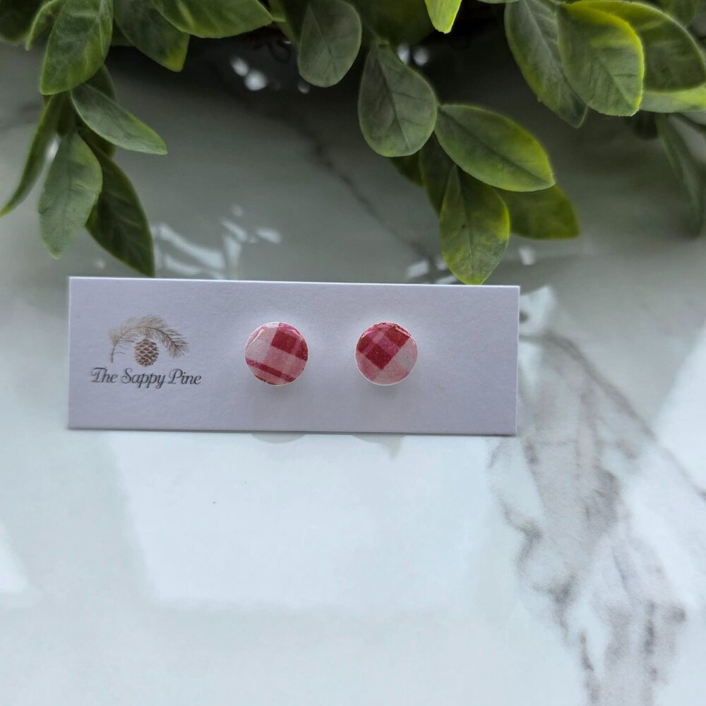 NEW Red Plaid Button Polymer Clay Stud Earrings